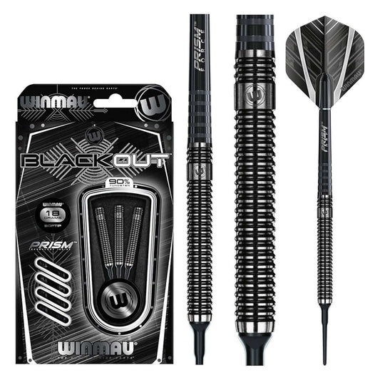 Winmau Blackout 90% Tungsten Soft Tip Darts with Prism Alpha Flights and Prism Force Medium Shafts