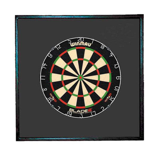 Wood dart surround with black finished wood frame and high density foam to protect walls and hold standard dartboard
