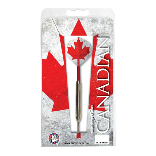 Canadian Nickel Darts set with nickel barrels and Canadian flag flights in packaging