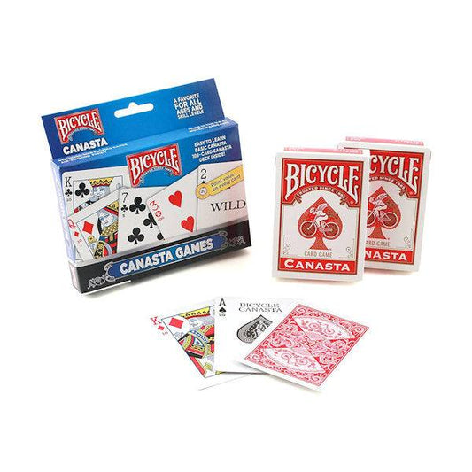 Bicycle Canasta playing cards with point values and wild card highlights in 108-card deck packaging