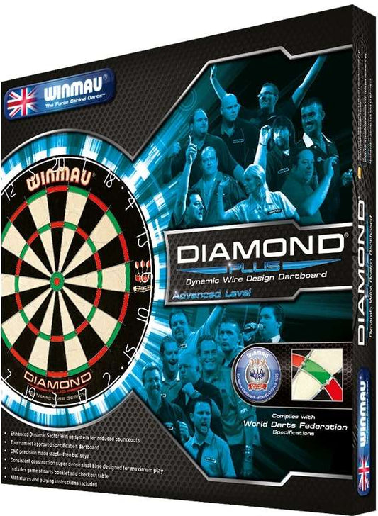 Winmau Diamond Plus dartboard with advanced dynamic wire design, high visibility sisal base, and tournament specification compliance