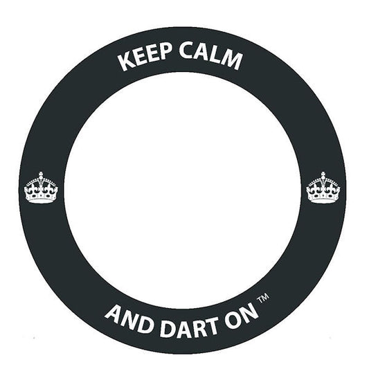 Black circular sign with 'Keep Calm and Dart On' text on a white background