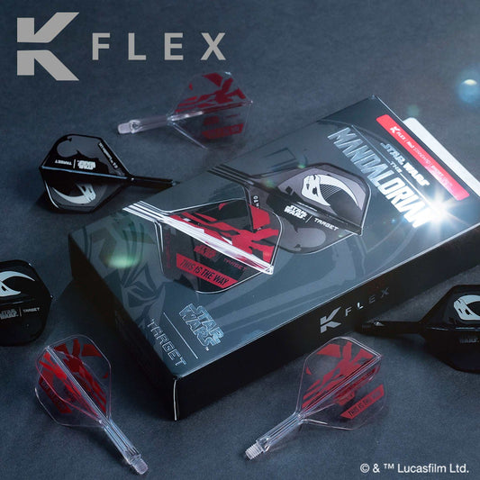 STAR WARS™ K-Flex integrated dart flights and shafts in clear polymer, with red Mandalorian graphics and black helmet designs.