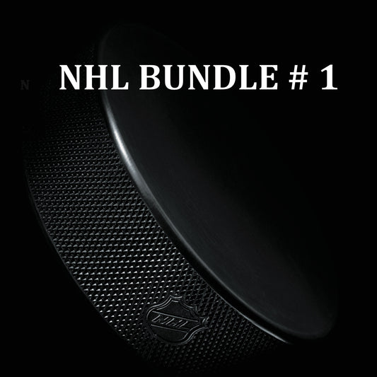Black hockey puck with NHL logo on a black background, labeled 'NHL Bundle #1'.