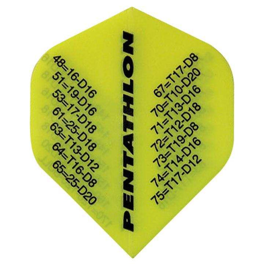 Pentathlon Flights standard size 100 Micron yellow dart flight with black text