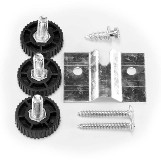 Dartboard Rota Lock Fixing Kit with triple wheel lock, level system, screws, and wall bracket for secure dartboard mounting
