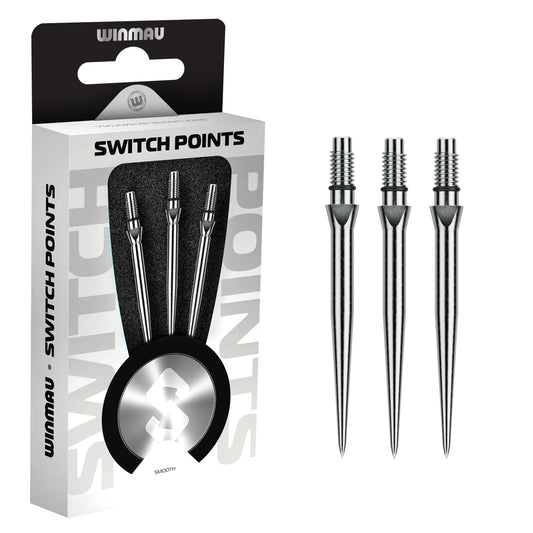 Winmau switch points packaging with three metal dart points on a white background