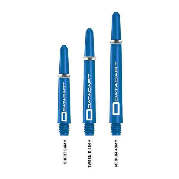 Datadart Nylon Shafts in blue, available in short 34mm, tweenie 41mm, and medium 48mm sizes with ring grip for secure flight retention Datadart Nylon Shafts in blue, available in short 34mm, tweenie 41mm, and medium 48mm sizes with ring grip for secure flight retention