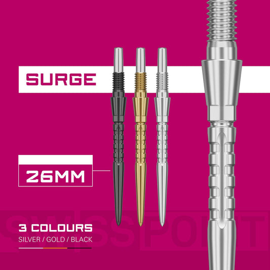 Three Swiss Storm Surge Points for darts with CNC machined grooves and stainless steel construction