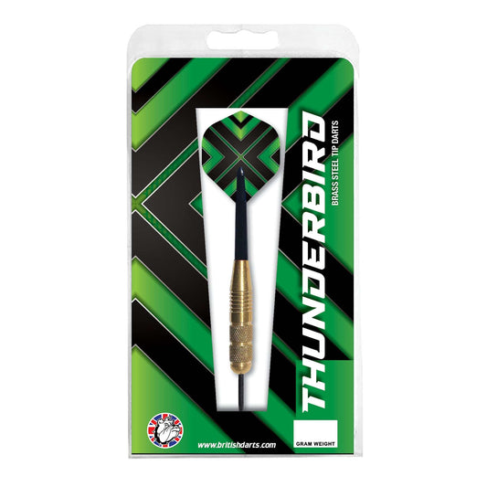 Thunderbird brass darts set with brass barrels, exclusive flights, and nylon shafts in green and black packaging