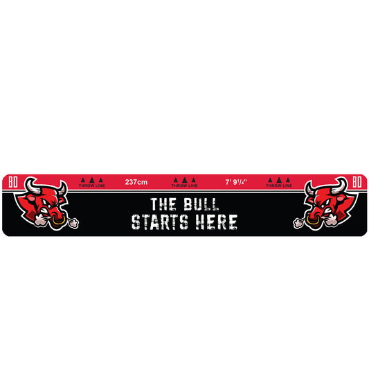 Oche Throw Line with red bull design and text 'The Bull Starts Here' on a black background