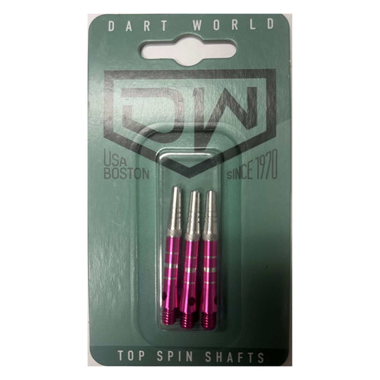 Three DW Top Spin Grooved Shafts made of anodized aluminum with free-spinning tops for improved dart accuracy