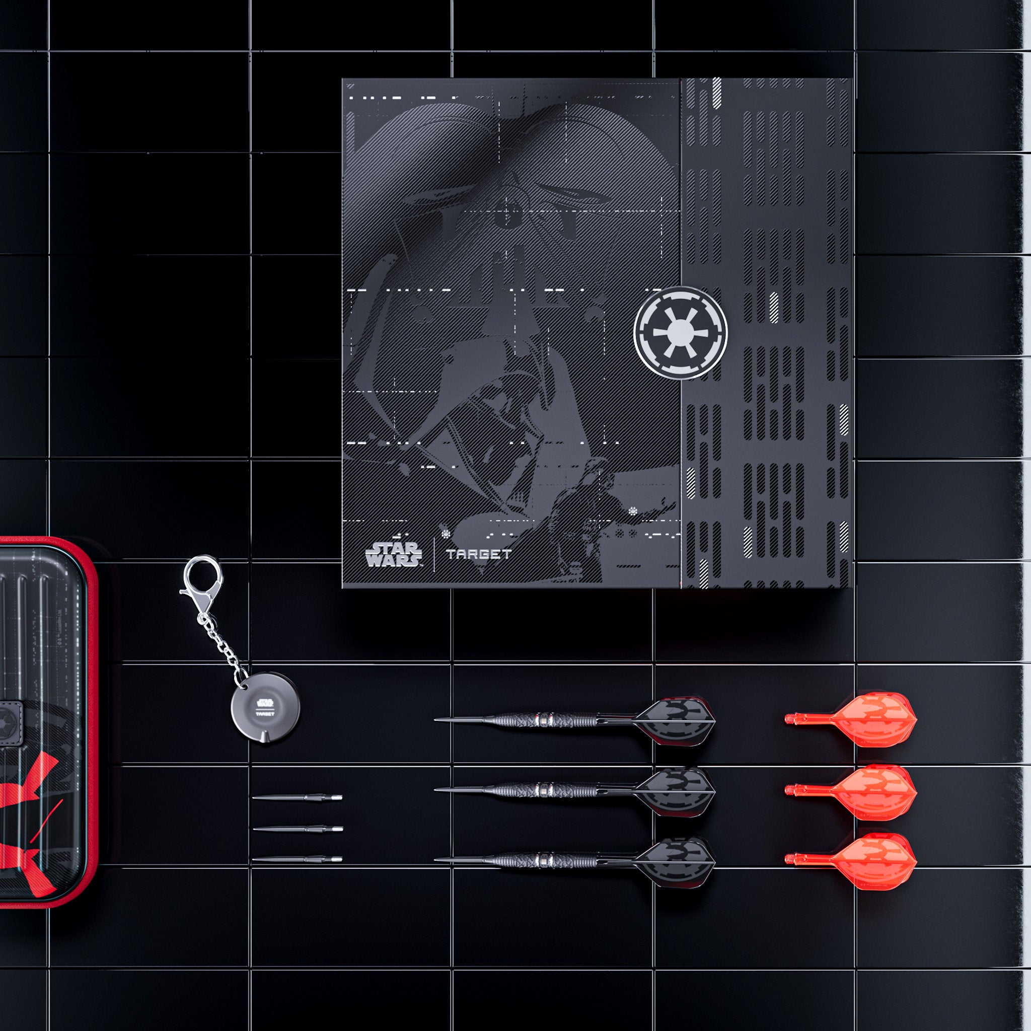 Star Wars-themed dart set with target, darts, and keychain on a black tiled background Star Wars-themed dart set with target, darts, and keychain on a black tiled background