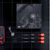 Star Wars-themed dart set with target, darts, and keychain on a black tiled background Star Wars-themed dart set with target, darts, and keychain on a black tiled background