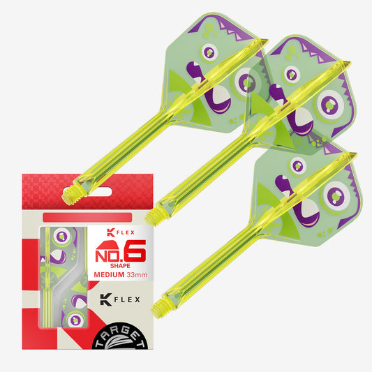 K-Flex No.6 Flight, three-piece one-piece flight and shaft set in translucent yellow-green with purple and green Xeno graphics.