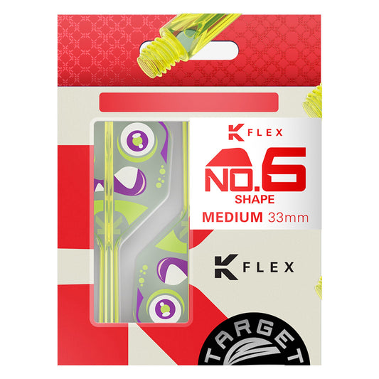 K-Flex No.6 Flight package with bright lime-yellow, purple and white Xeno pattern, displaying the No. 6 shape and 33 mm size.