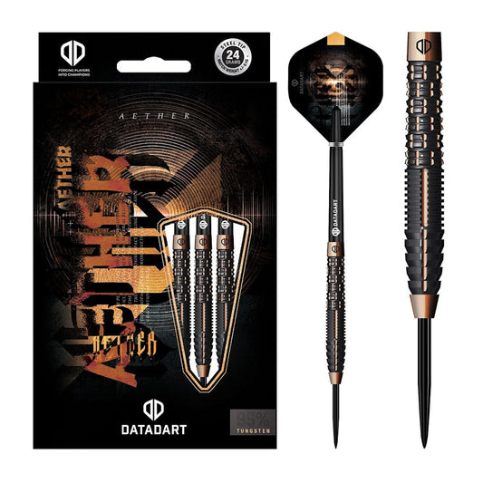 Datadart Aether 95% Tungsten dart barrel with black and bronze finish and laser-etched logo