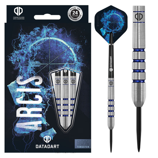 Datadart Arcis 90% tungsten darts with radial nose, deep grooves, and blue electro-coated finish