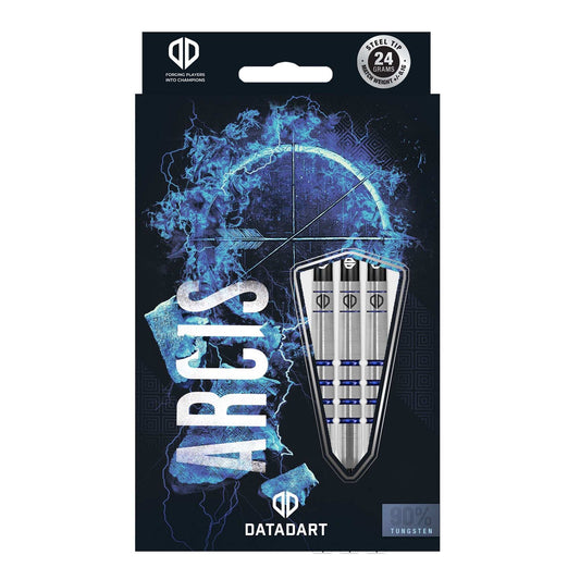 Datadart Arcis 90% Tungsten darts with radial nose, deep grooves, and blue electro-coated finish