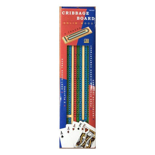 3 Track Cribbage Board with pegs for 2 or 3 players measuring 4x15 inches