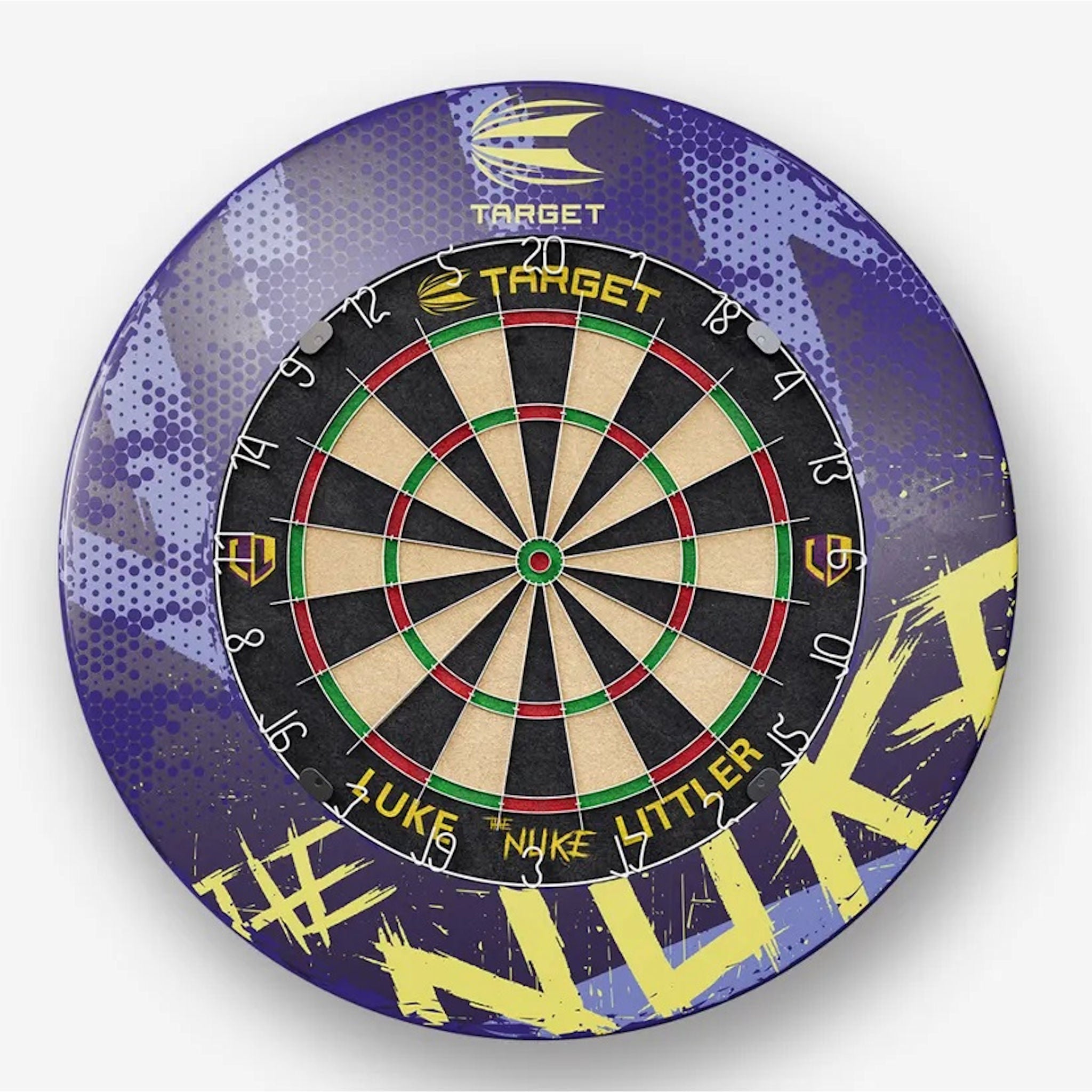 Dartboard with 'Target' branding and 'The Nuka' text on a purple background Dartboard with 'Target' branding and 'The Nuka' text on a purple background