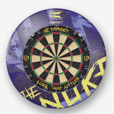 Dartboard with 'Target' branding and 'The Nuka' text on a purple background Dartboard with 'Target' branding and 'The Nuka' text on a purple background