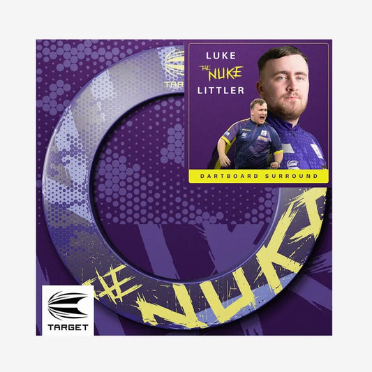 Purple dartboard surround box with Luke Littler and 'The Nuke' branding on a white background