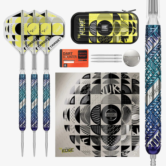 Collection of darts, dart counter, and packaging on a white background