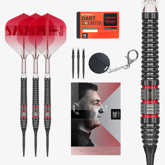 Collection of darts, dart counter, and packaging on a white background