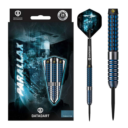 Datadart Parallax tungsten darts with radial cuts, black PVD coating, blue electro infills, and signature flights and stems