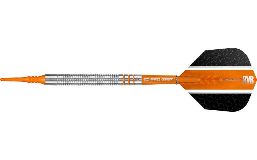 RVB80 80 Tungsten soft tip dart with orange grooves, Pro Grip shaft, Pixel tips, and Vision Ultra flights, 18g weight RVB80 80 Tungsten soft tip dart with orange grooves, Pro Grip shaft, Pixel tips, and Vision Ultra flights, 18g weight