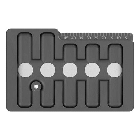 Black anodised aluminum Swiss Point Safe with integrated point tool and size guide for storing and changing Swiss Points.