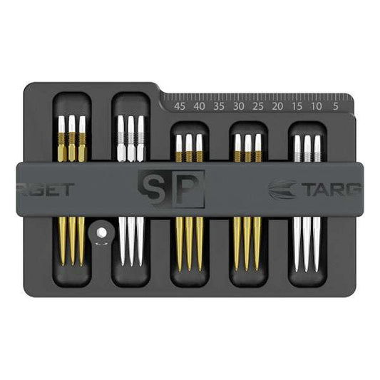 Black anodised Swiss Point Safe with magnetic strips, size guide, and integrated Swiss Point tool for storing and changing dart points.