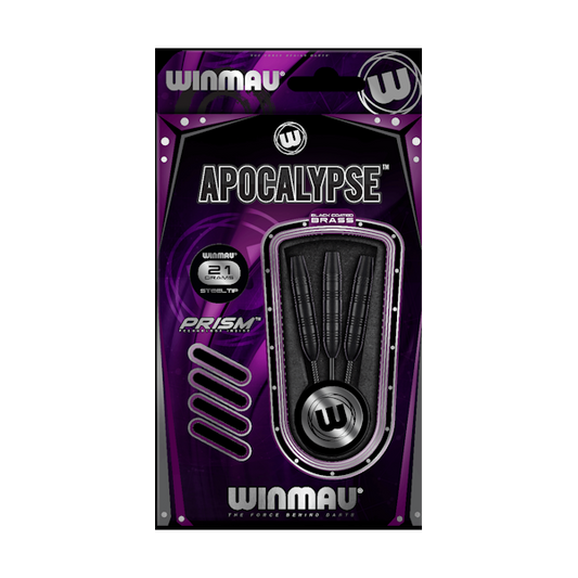 Winmau Apocalypse Black Brass coated darts set with prism shafts and flights in purple packaging