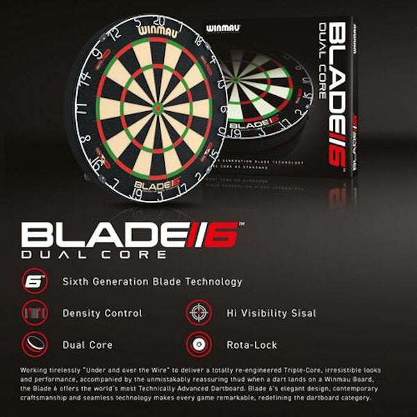 Winmau Blade 6 Dual Core dartboard with dual core technology, high visibility sisal, density control, ultra-thin wire, and Rota-Lock mounting system. Winmau Blade 6 Dual Core dartboard with dual core technology, high visibility sisal, density control, ultra-thin wire, and Rota-Lock mounting system.