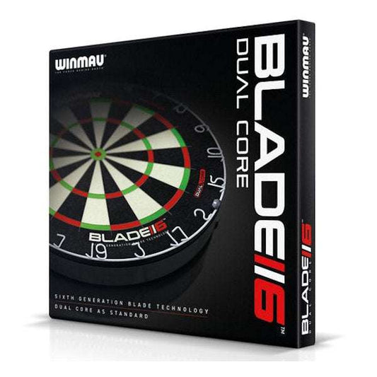 Winmau Blade 6 Dual Core dartboard with patented dual core design and Density Control wire for professional play