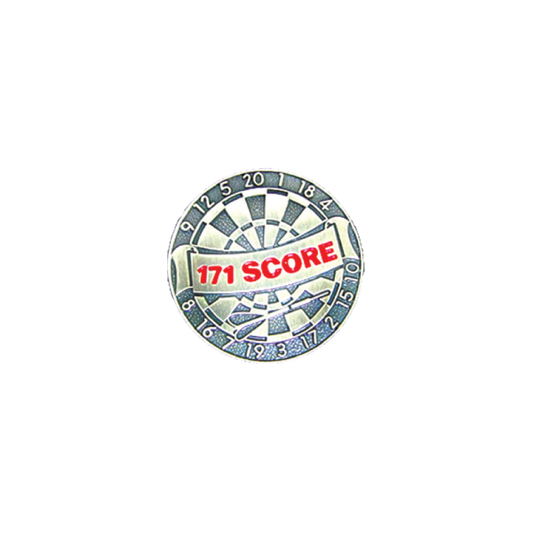 Pewter award pin featuring dartboard and "171 SCORE" text celebrating 171 dart score.
