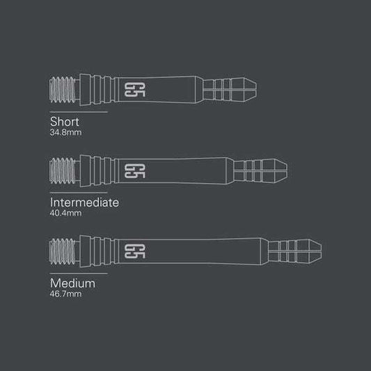 Power Titanium G5 Shaft diagram showing short, intermediate, and medium sizes with black titanium construction and radial grooves for grip
