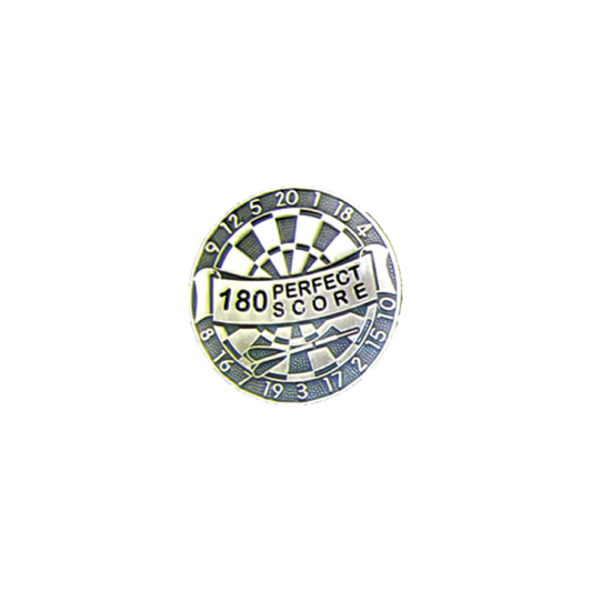Pewter award pin featuring a dartboard design with "180 Perfect Score" text celebrating a maximum dart score.