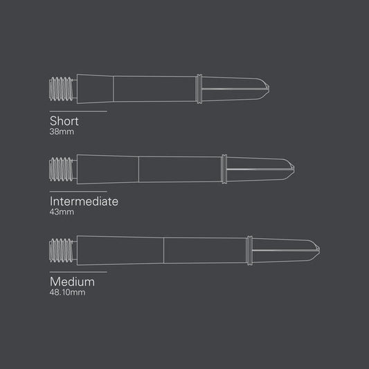 Diagram of Carbon T1 Pro Gold Shafts showing short, intermediate, and medium titanium base lengths with carbon tops