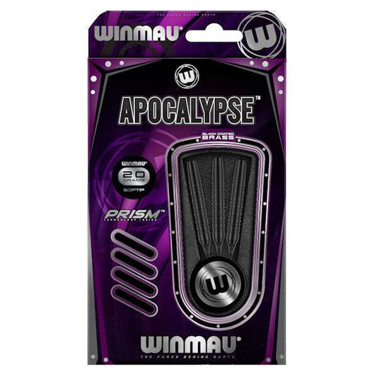 Winmau Apocalypse Brass Soft Tip Darts with black coated finish and Prism Alpha flights in retail packaging