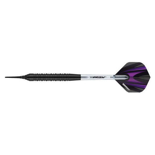 Apocalypse Brass Soft Tip Dart with black coated grip and Prism purple flight