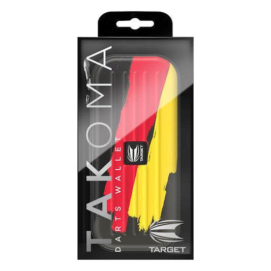 Takoma Germany Wallet for darts with German flag design, EVA material, velvet interior, elastic strap, and accessory pouches.
