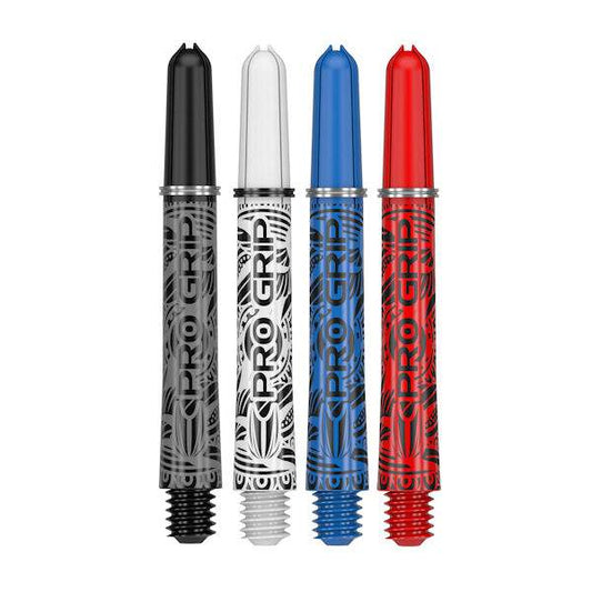 Set of four Ink Pro Grip nylon dart shafts in black, white, blue, and red with tattoo-themed design patterns.
