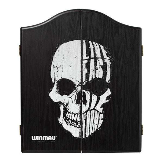 Winmau Black Skull Cabinet black veneer effect dartboard cabinet with white skull design and magnetic closure system