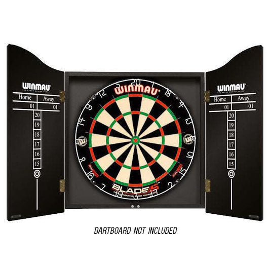 Winmau Craft Beer cabinet black veneer effect dartboard cabinet with Home and Away scoring panels and magnetic closure system