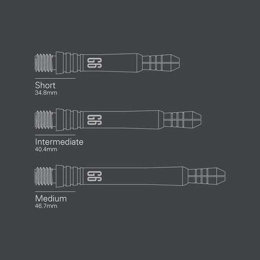 Power Titanium G6 Shaft coated with Silica Titanium Nitride, available in short, intermediate, and medium sizes with Pinch Grip technology for darts