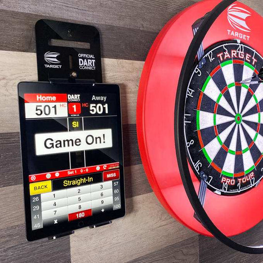 Target Scoring Tablet Holder with adjustable bracket securely holding tablet next to dartboard for hands-free scoring