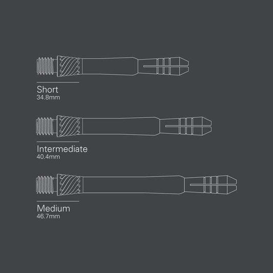 Heli Ti Shafts black PVD coated dart shafts in short, intermediate, and medium sizes with milled grip section.