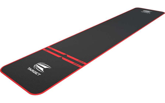 Target Light Weight Soft Dart Mat with red trim, full length oche system, non-slip latex underlay, and Target logo on black lightweight fabric